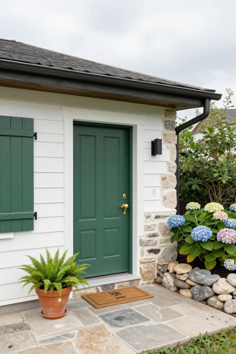 White clapboard cottage exterior corner featuring green shutters and double door with gold knob, stone foundation, hydrangea bushes, potted fern, doormat, and flagstone path under overcast sky.