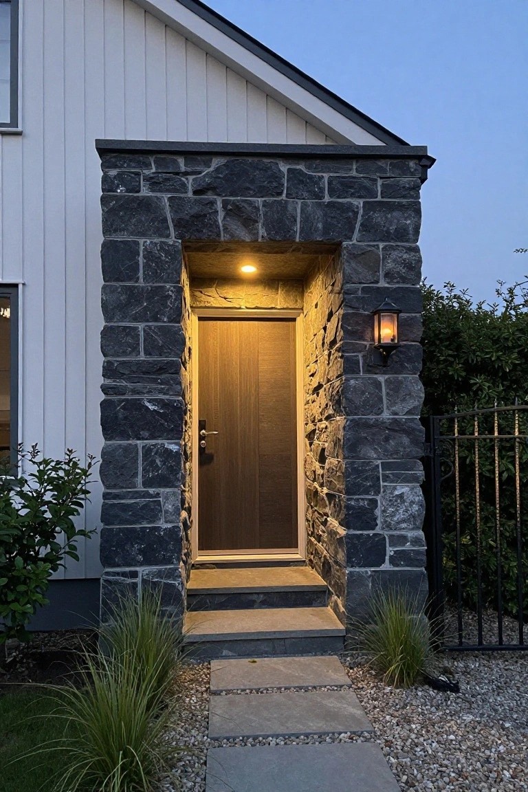 House exterior at dusk showing a dark stone archway entrance with brown wooden door, integrated lighting, concrete steps, ornamental grasses, black metal fence, and white wooden siding.