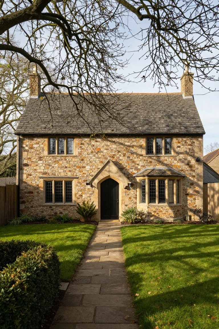 Front exterior view of a two-story stone cottage with slate roof, arched entry door, bay window on the right side, flanked by a stone pathway, lawn, shrubs, and overhanging tree branches.