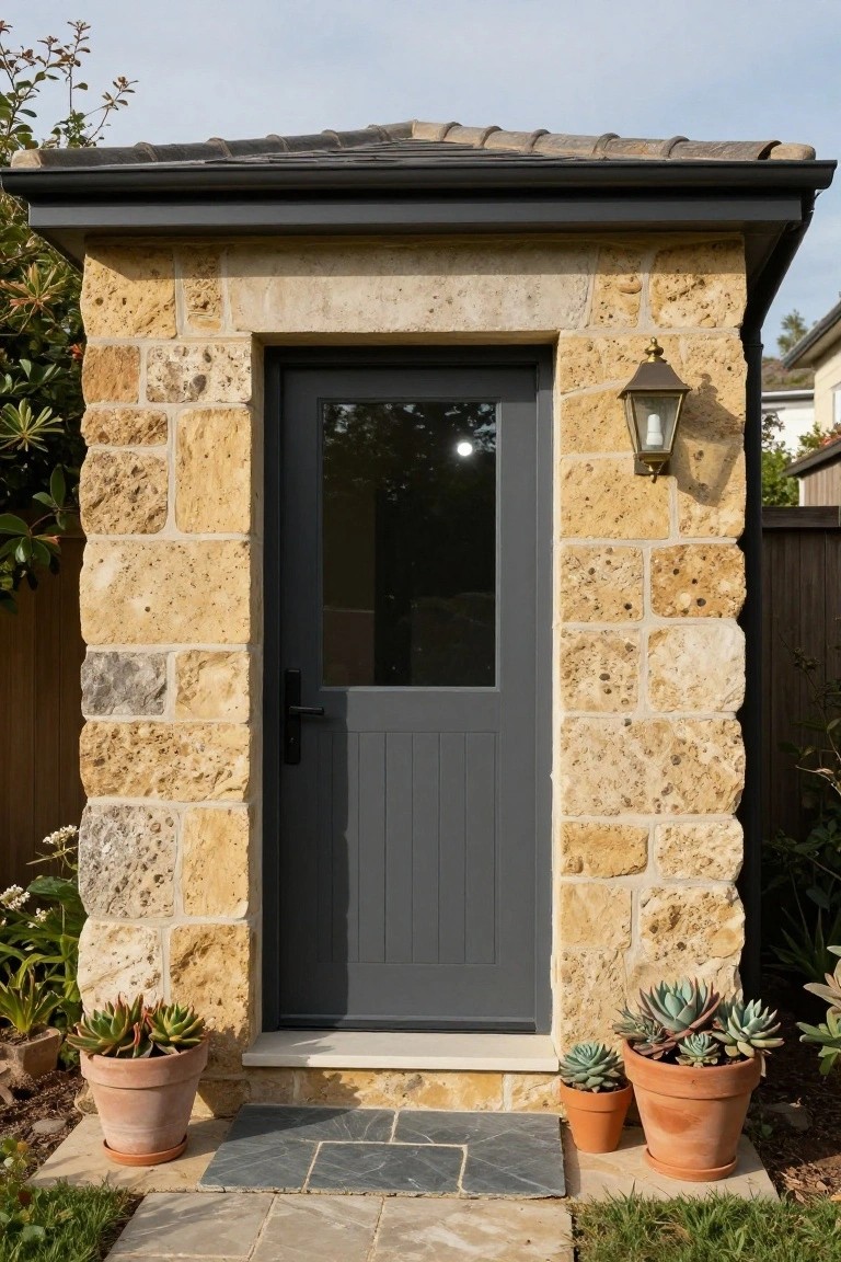 Small outbuilding with beige rough-hewn limestone walls, black paneled door with glass upper section, lantern light fixture, potted succulents on either side, and slate step on stone path.