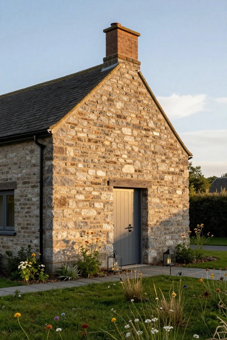 Corner view of a gabled stone cottage with textured walls, dark wooden door, small window, brick chimney, downspout, and adjacent garden with flowers and lanterns.