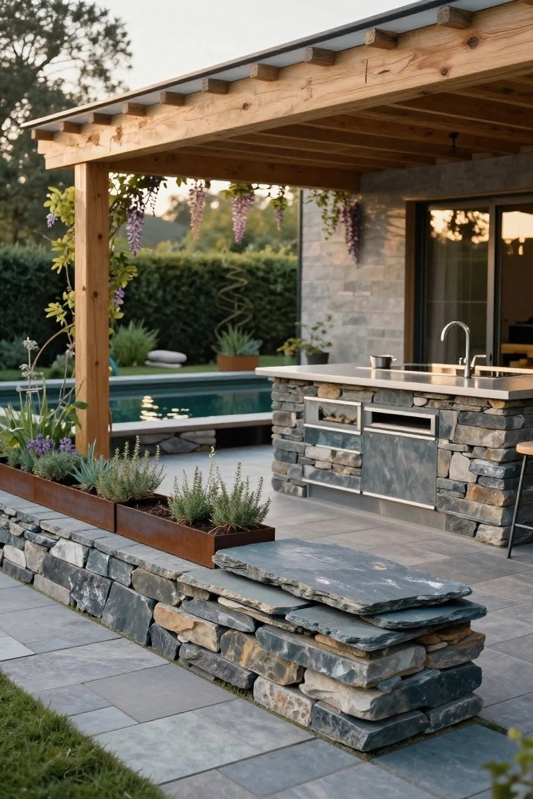 Outdoor kitchen island built with stacked stone walls and stainless counters under a wooden pergola, with metal planters holding herbs, stone bench nearby, pool in background, on paved patio with greenery.