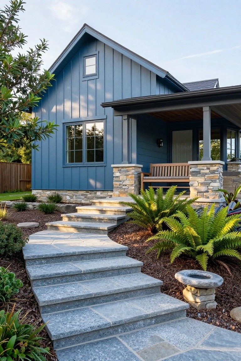 Blue vertical board and batten sided house with gable roof and covered front porch supported by stone pillars, wooden bench on porch, stone steps with path leading up, ferns and mulch in landscaping.