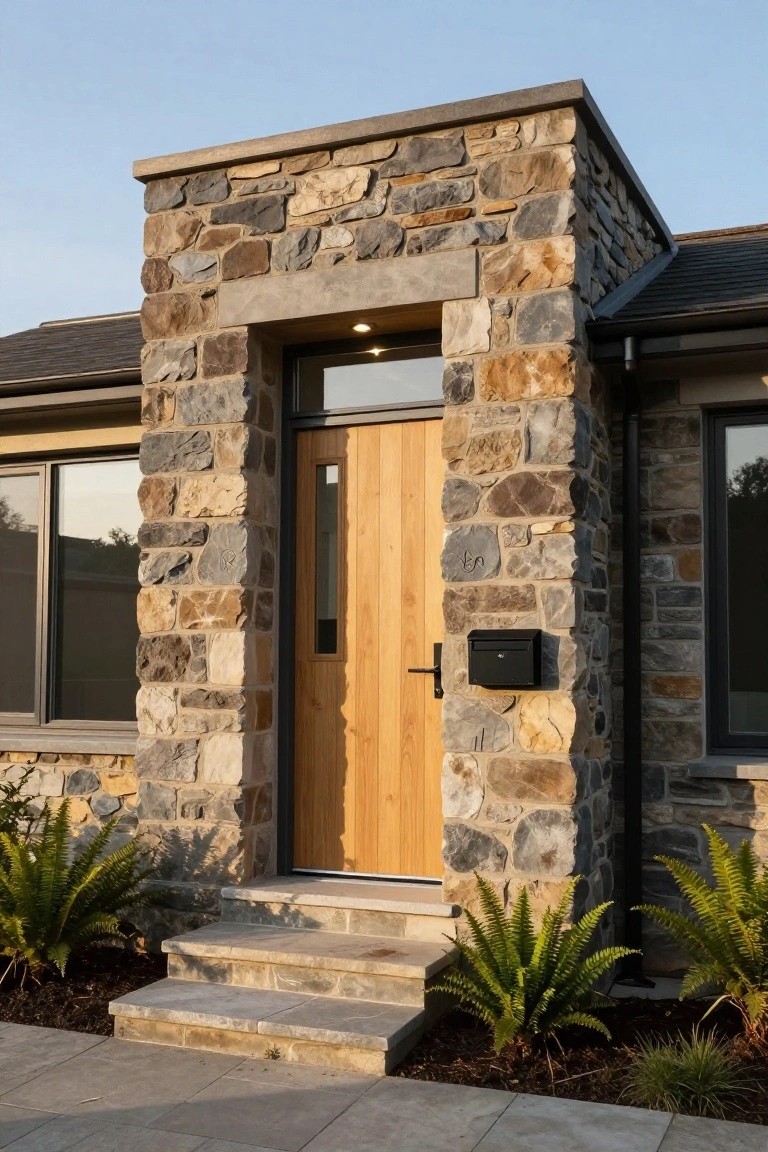 House exterior showing tall stone pillars in mixed gray and brown tones flanking a light wooden front door with a small window, concrete steps leading up, black mailbox on the pillar, and ferns planted nearby.