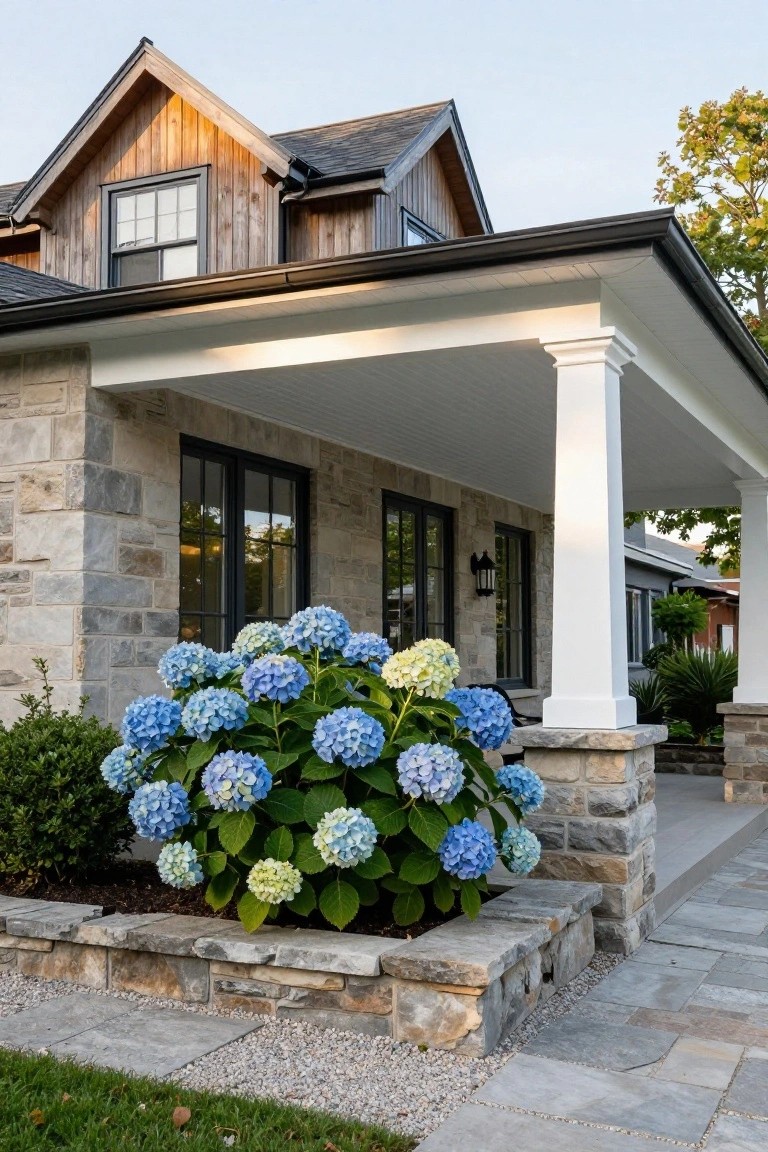Gray stone lower walls and porch foundation on a two-story modern cottage home with dark wood upper siding, white porch columns, black-framed windows, and large blue hydrangea bushes beside the steps.