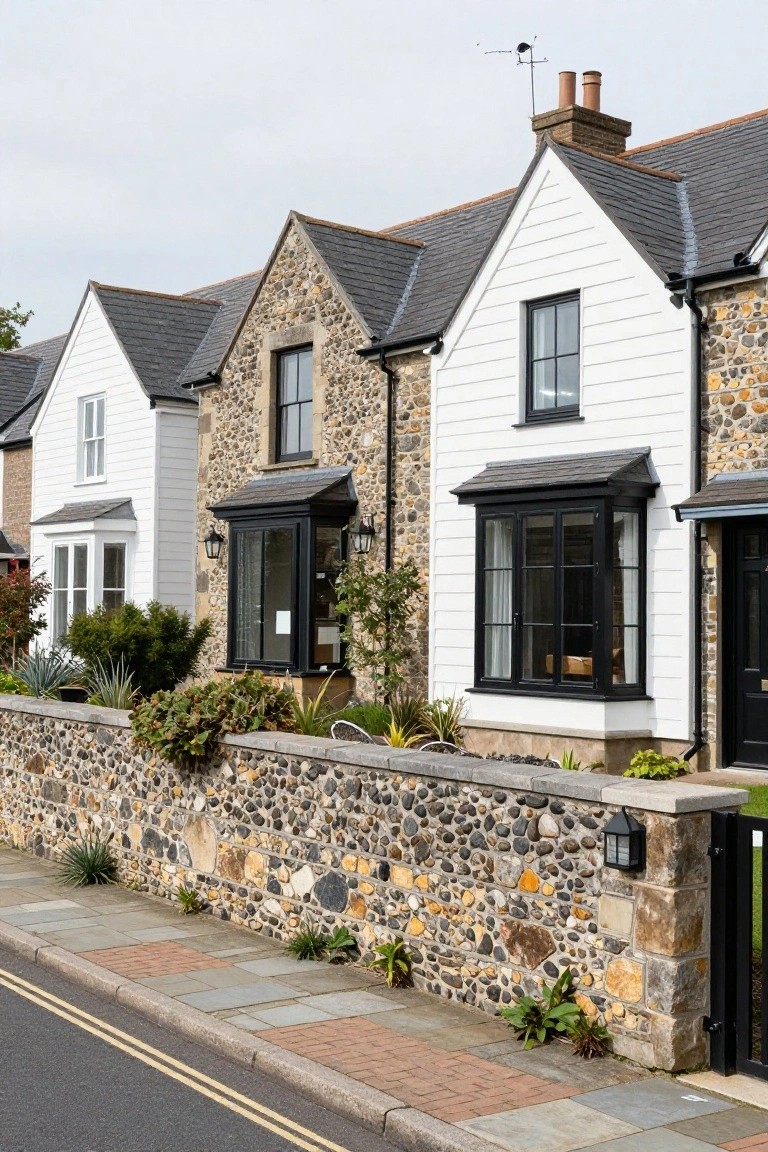 Row of three terraced cottages featuring flint pebble stone lower walls and bases, white clapboard upper facades, slate roofs, black-framed windows, and a low matching stone boundary wall with plantings along a paved street.