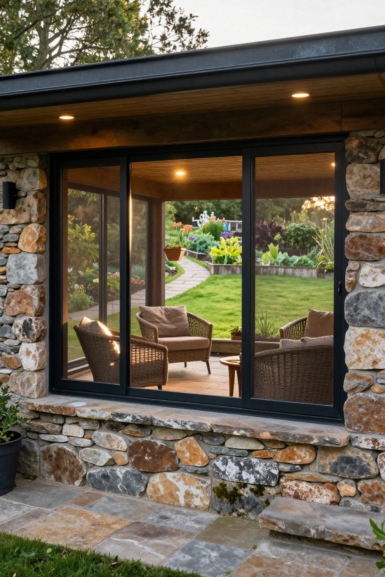 Large sliding glass doors framed by textured natural stone walls, overlooking an outdoor patio with wicker chairs around a low table, adjacent green lawn, raised garden beds, and a stone pathway.