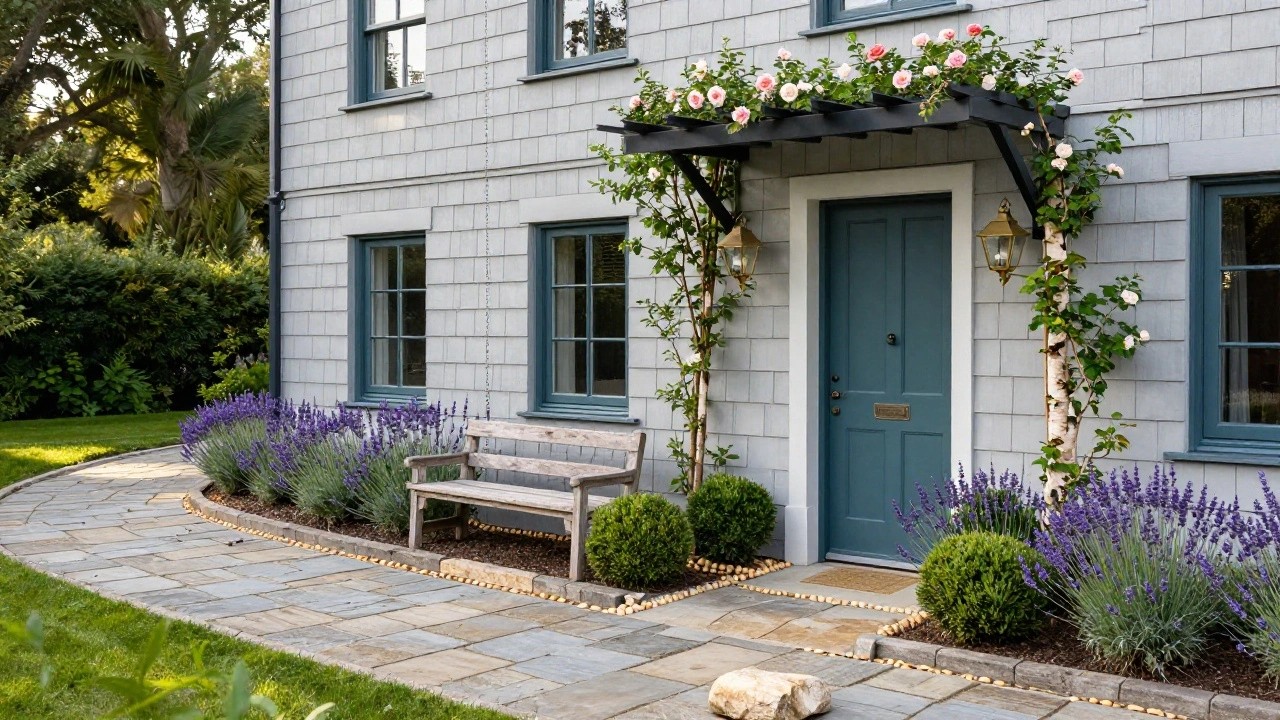 Gray shingled house exterior with teal arched front door under rose-covered archway, flanked by lavender borders along a curved stone pathway and wooden bench.