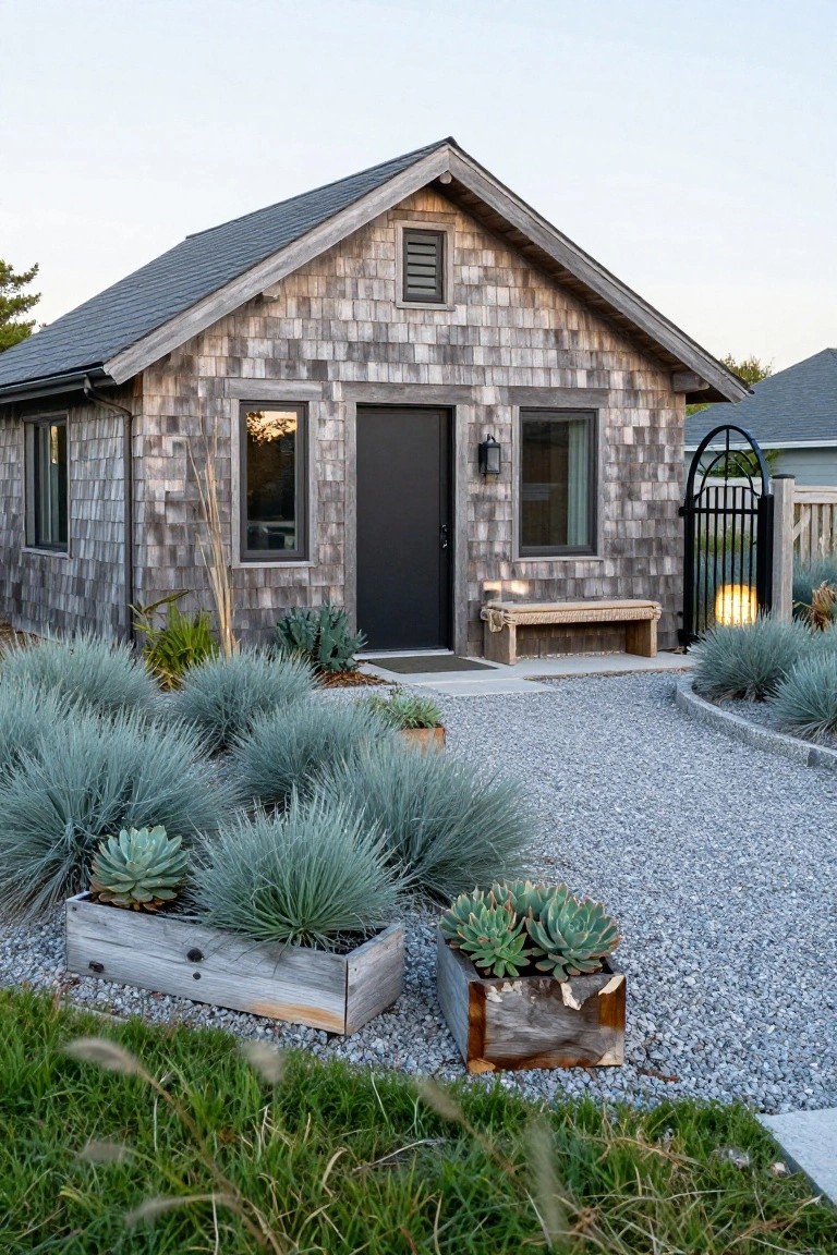 Rustic gray shingled house with black door, gravel path, and succulent planters.