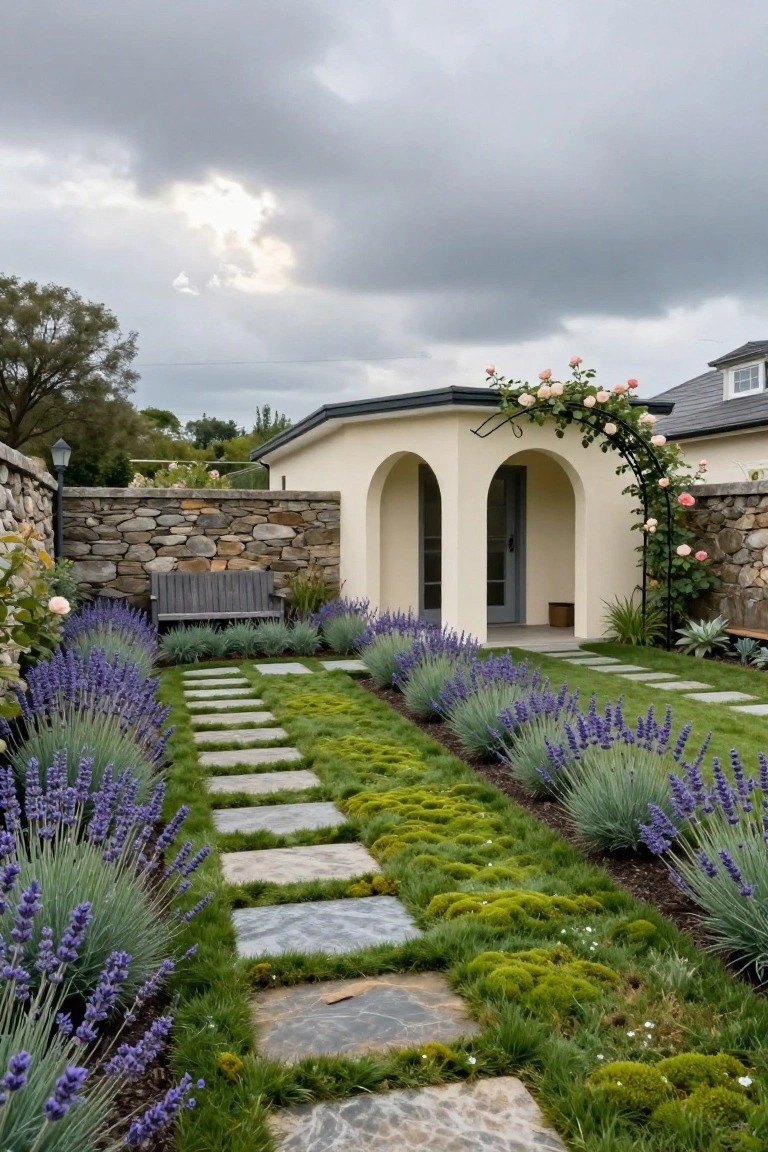 Beige arched entry structure with stone walls, approached by a stepping stone path through lavender-bordered garden beds filled with green mossy ground cover, climbing pink roses on a metal arch, wooden bench nearby, under cloudy skies.
