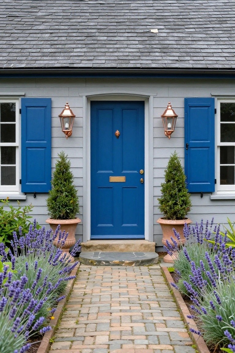 Gray shingled cottage exterior with dark blue front door, matching blue shutters, copper lanterns flanking the door, topiary trees in terracotta pots beside the door, and lavender plants lining both sides of a brick path leading to the entry.