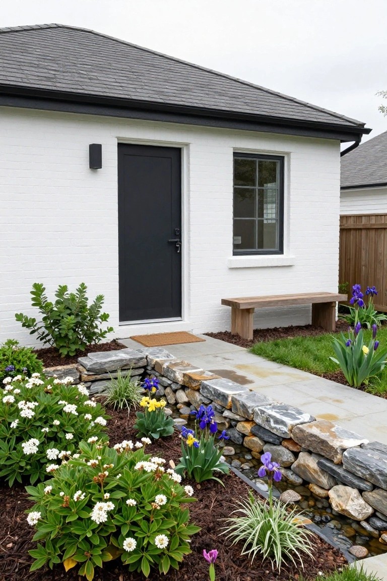 White brick house with black front door and window, concrete path leading to entry, surrounded by stone retaining walls with flower beds containing irises, white flowering shrubs, ornamental grasses, and a wooden bench.