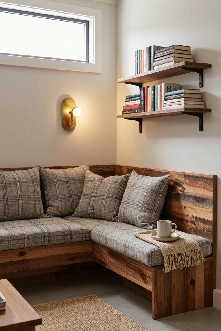 Wooden corner bench with gray plaid cushions and fringe throw, bookshelves above holding stacked books, white mug on saucer atop woven tray, brass wall sconce lit, low wooden table on seagrass rug in white-walled room.