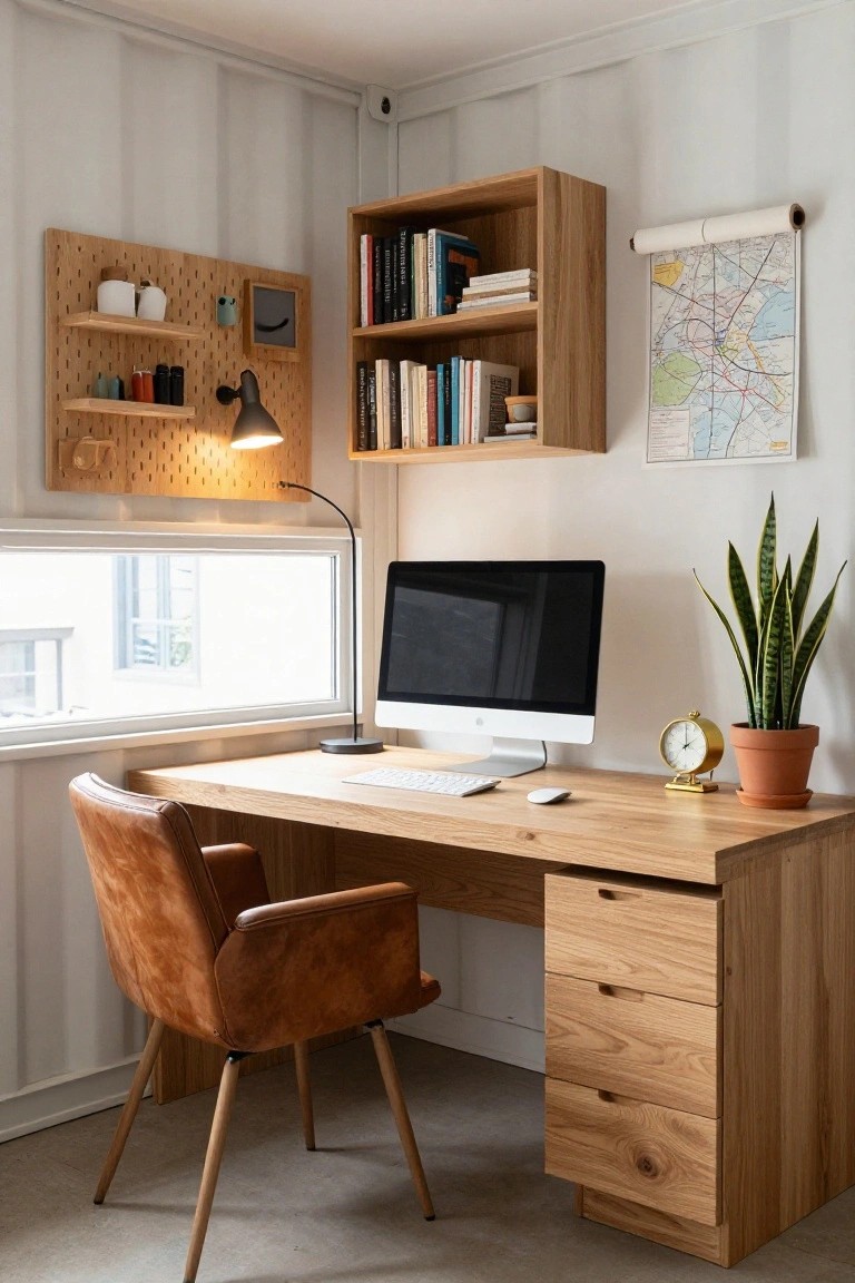 Corner home office with light oak desk featuring side drawers, brown leather chair, iMac monitor, white keyboard, gold clock, snake plant in terracotta pot, wooden shelves, pegboard wall organizer, and large window in white-paneled room.