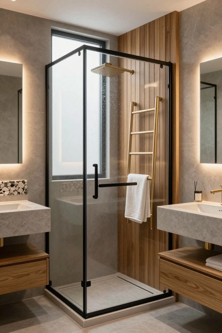 Modern bathroom with gray walls, wooden vertical slat paneling on one wall, black metal-framed glass shower enclosure with rainfall showerhead, gold ladder towel rail, floating stone sinks with gold faucets, and backlit mirrors.
