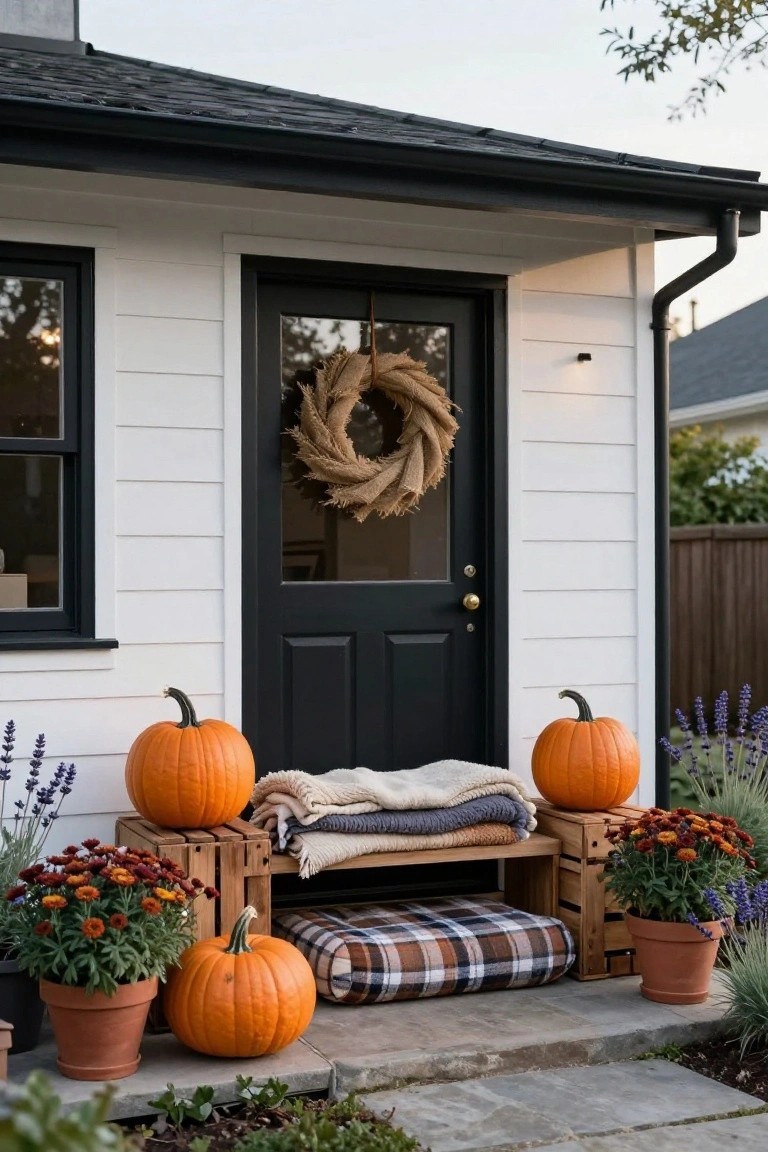 White clapboard cottage exterior with black front door, wheat wreath, two pumpkins on crates forming a bench with blankets and cushions on the stoop, surrounded by potted plants and lavender.