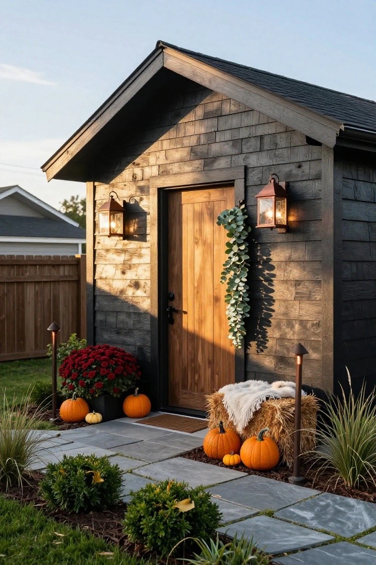 Small gabled cottage with dark shingle siding and wooden front door, decorated with hay bales, pumpkins, potted red mums, lanterns, and eucalyptus garland on a stone pathway.