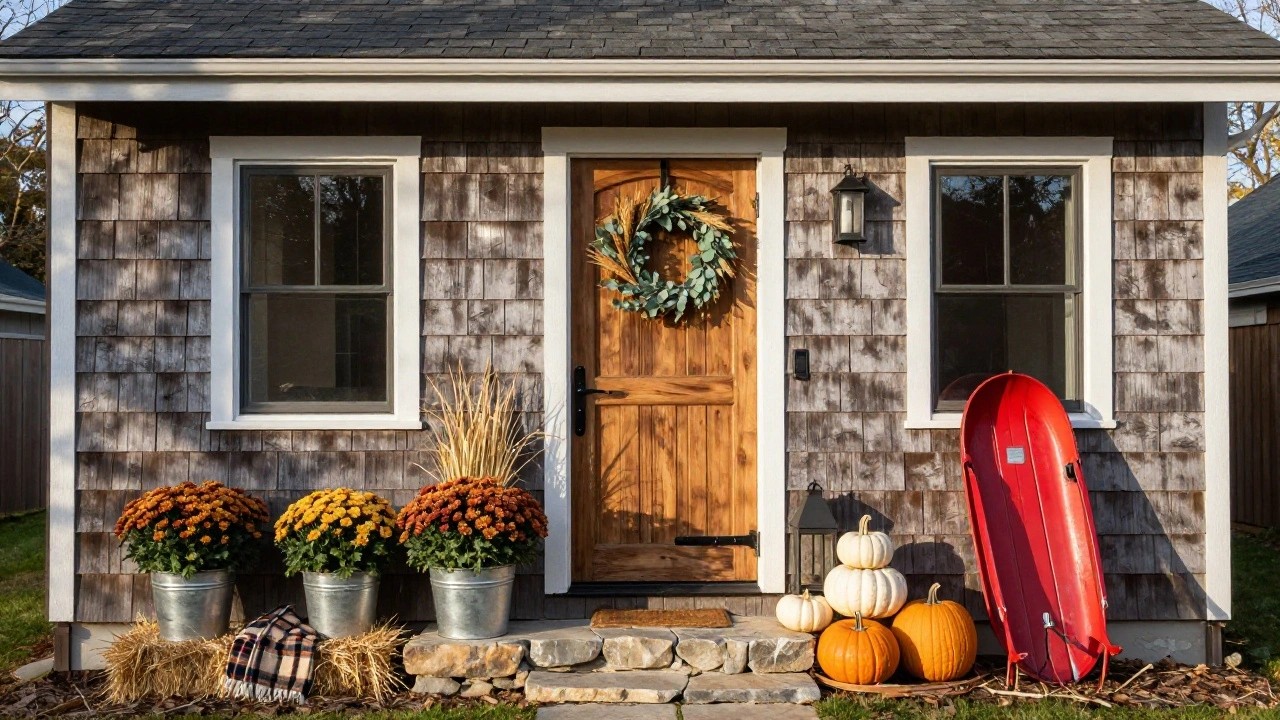 Gray shingled cottage exterior featuring a wooden door with wheat and eucalyptus wreath, potted orange mums in metal buckets, white and orange pumpkins on stone entry steps, a black lantern, plaid throw, and red wheelbarrow nearby.