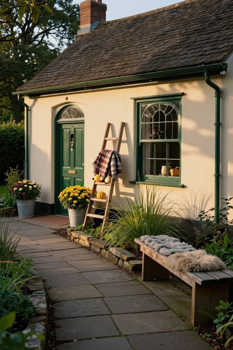 White cottage with green door and window, wooden ladder holding pumpkins and plaid blanket, yellow flowers in metal buckets, stone pathway, wooden bench with sheepskin, garden plants.