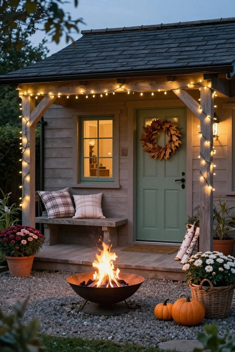 Small gray shingled cottage with covered porch, green door, fall leaf wreath, plaid pillows on wooden bench, string lights, potted plants, burning fire pit on gravel, and pumpkins nearby at dusk.