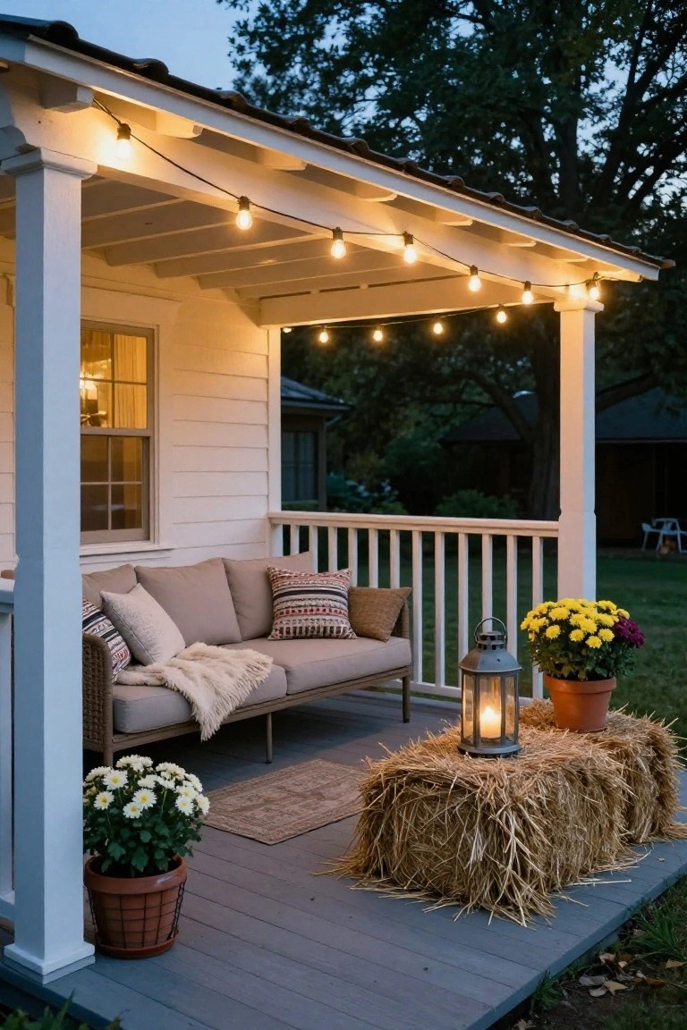 White clapboard porch with gray decking, beige sofa with pillows and throw blanket, hay bales, potted flowers, lanterns, and string lights at dusk.