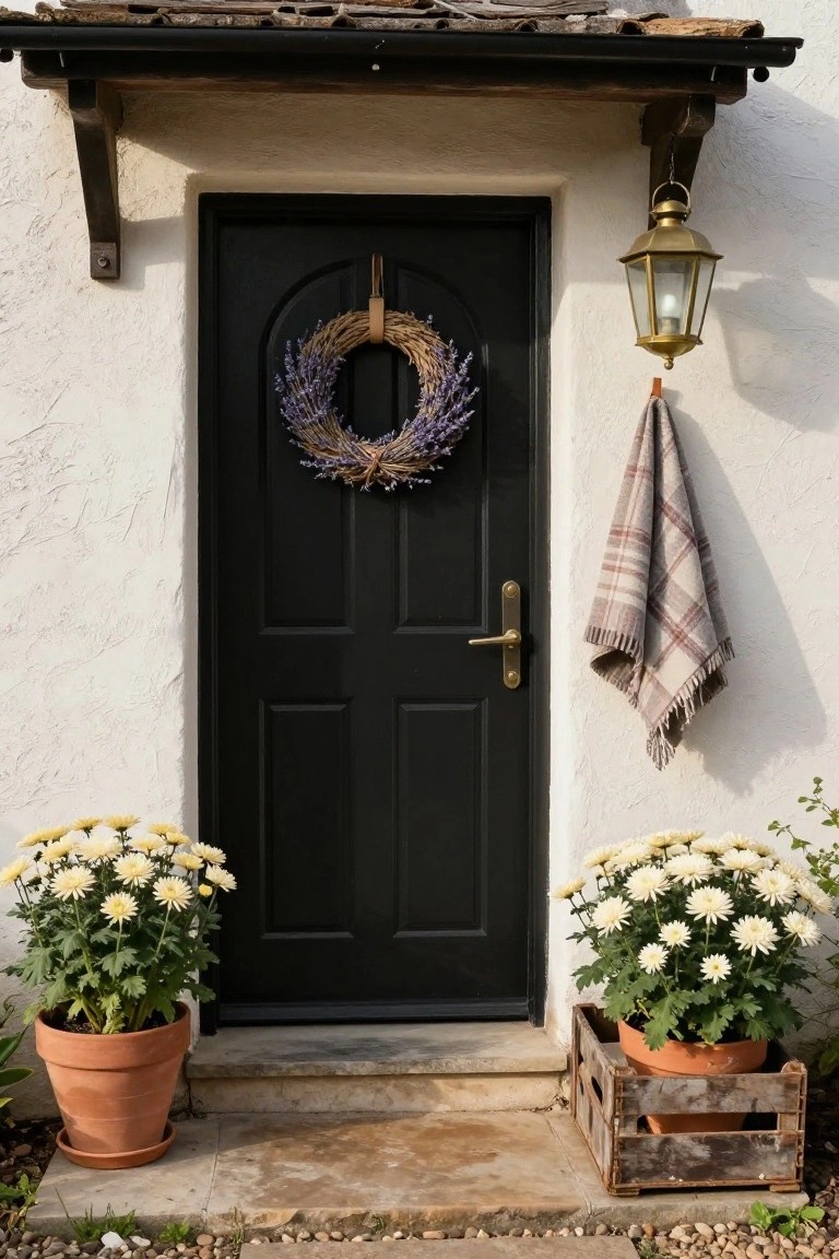 White stucco house facade with black arched front door decorated by a circular dried lavender wreath, brass lantern light, hanging plaid towel, and two pots of white chrysanthemums in terracotta on stone steps with a wooden crate planter.