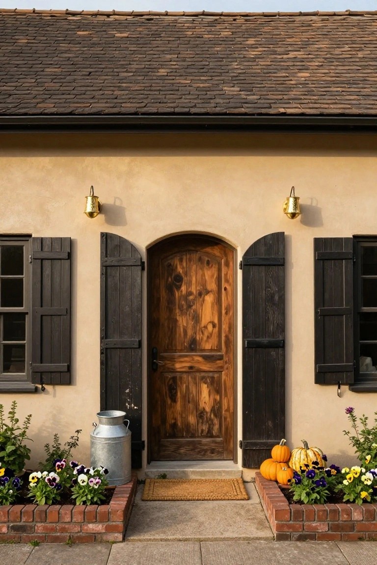 Rustic wooden door with black shutters, pumpkins, flowers, and brass sconces.