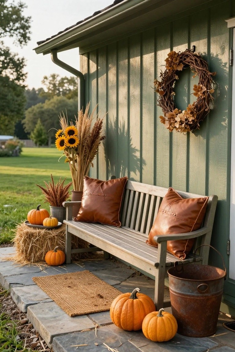 Green shiplap shed wall with gray wooden bench cushioned by brown leather pillows, flanked by hay bales holding pumpkins and plants, additional pumpkins on stone patio steps, fall wreath on wall, and rustic metal bucket nearby.