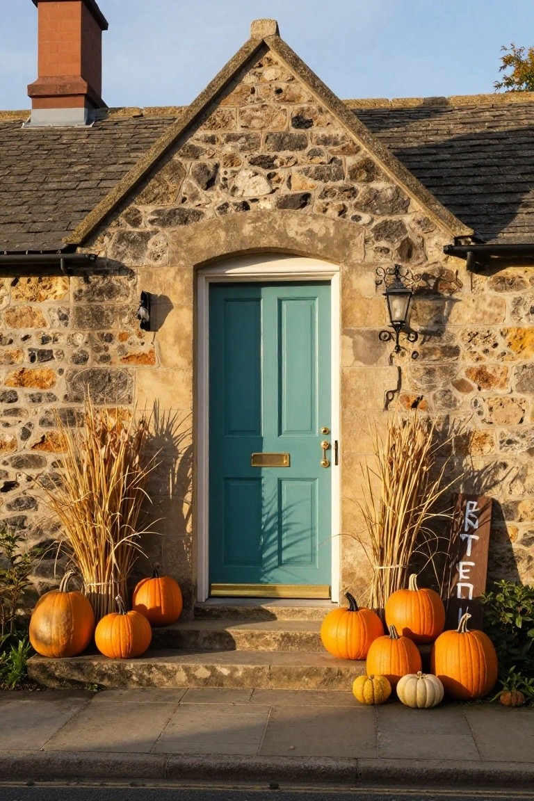 Stone house with teal door and pumpkins on steps.