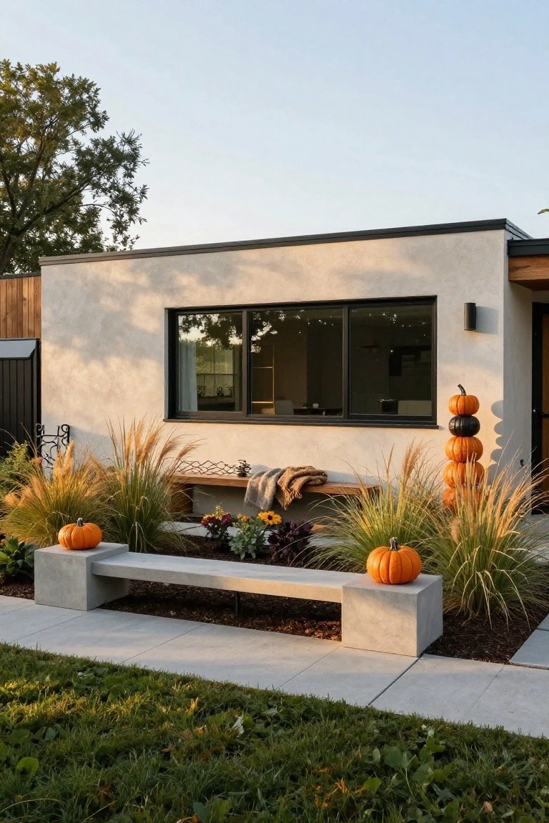 Modern stucco house exterior featuring a large black-framed window, concrete bench with pumpkins on ends, pampas grass plantings, stacked pumpkins, and fall flowers in the front garden bed.
