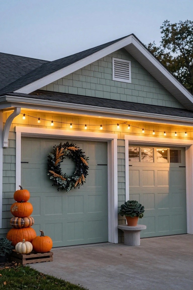 Sage green house with autumn wreaths, pumpkins, and string lights on garage.