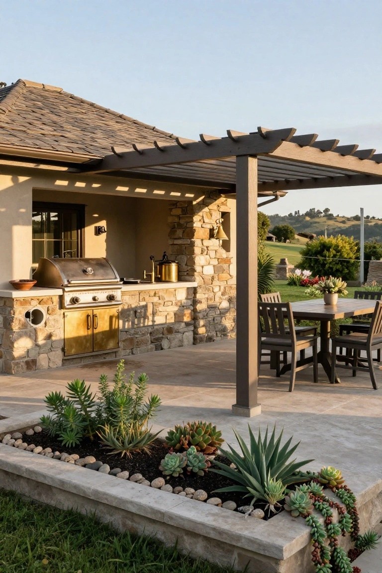 Stone-built outdoor kitchen with built-in grill, brass cabinet doors, sink, and cookware on a paver patio under a wooden pergola, next to a wooden dining table with chairs and succulent planters.