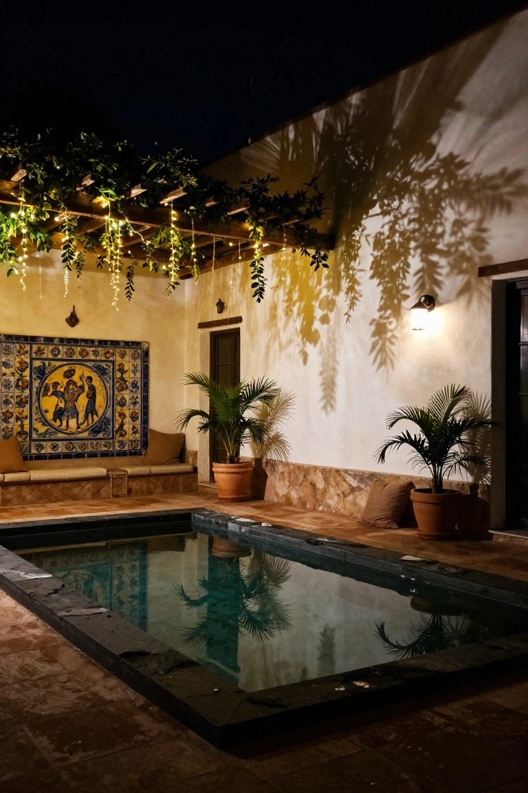Night view of a hacienda-style courtyard with a small rectangular pool, built-in cushioned bench seating along tiled walls, large blue-and-yellow tiled mural, potted palm plants, overhead vine-covered pergola with string lights, and lantern wall lights.