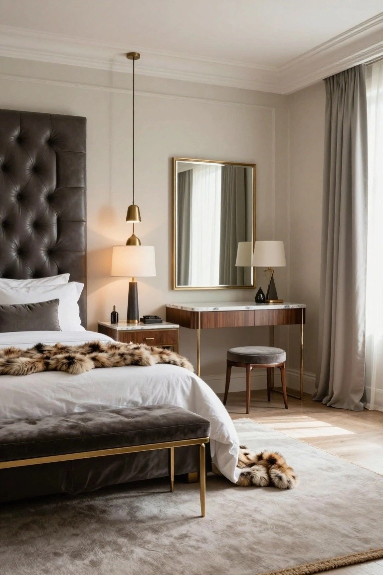A bedroom interior with dark tufted leather headboard, white bedding draped with faux fur throw, gray velvet bench on brass legs at the bed foot, marble-topped wood vanity with stool, gold mirror, lamps, and window with gray curtains.