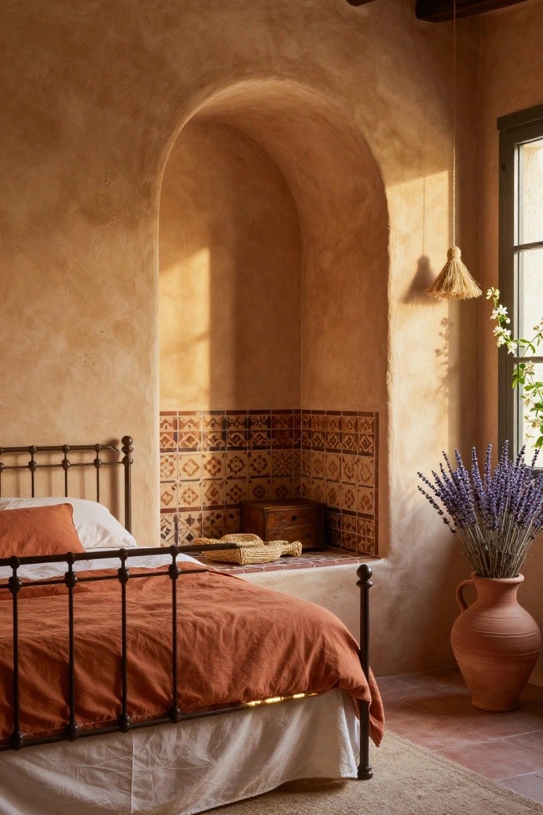 Rustic bedroom with terracotta walls, arched niche, terracotta bed linens, and lavender vase.