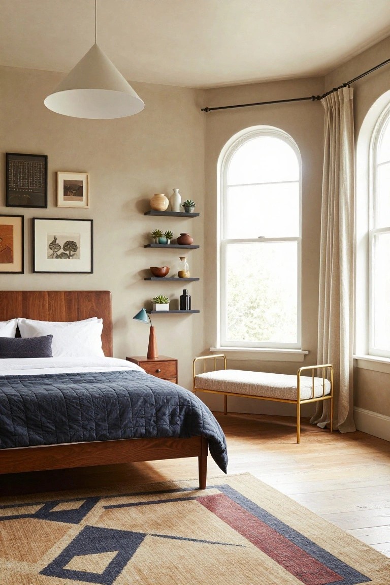 A bedroom interior shows a wooden bed with navy quilted bedding and pillows, floating shelves on beige walls holding potted plants ceramics and bottles, a green lamp on a wooden nightstand, an arched window with linen curtains, and a gold metal bench on hardwood floors with a woven rug.