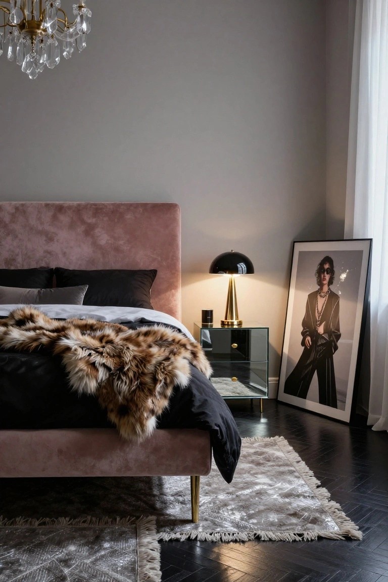 Bedroom interior with blush pink velvet upholstered bed frame, black bedding, light brown faux fur throw, glass and brass nightstand holding black lamp and candle, large framed portrait of woman in black outfit, crystal chandelier, gray walls, white sheer curtains, and dark parquet floor with light gray fringed rug.