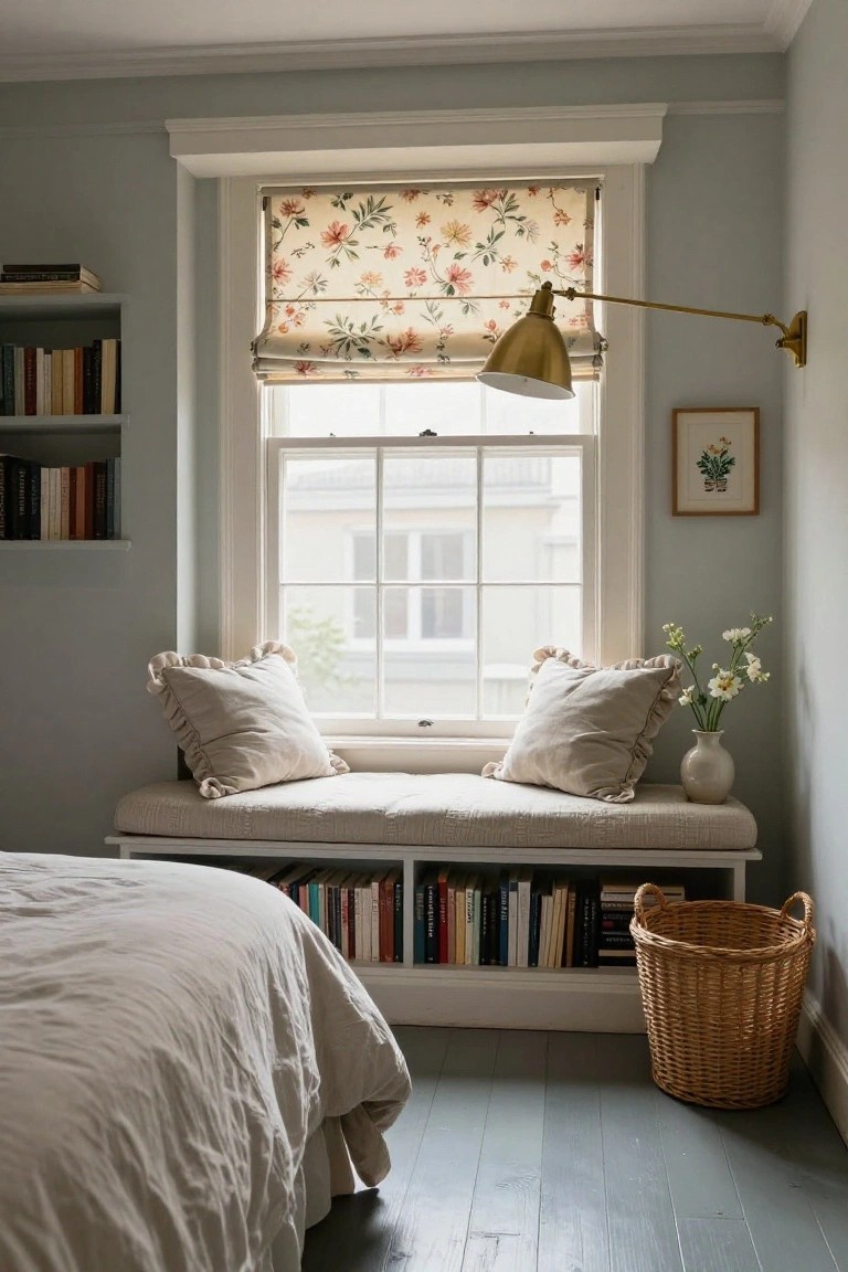 Light gray bedroom corner with cushioned beige window seat bench on white base, built-in bookshelves and storage below, adjacent bed with beige linens, floral Roman shade on sash window, gold desk lamp, and wicker basket on painted wood floor.