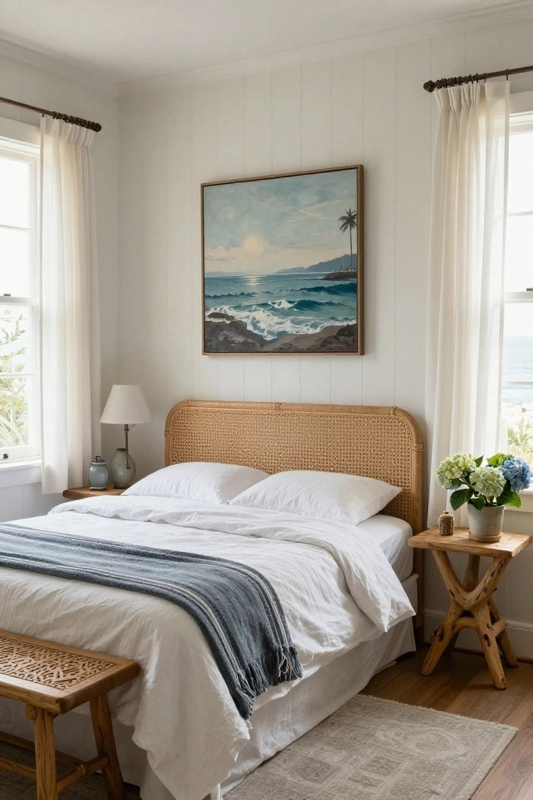 Bedroom corner with rattan headboard on a king bed covered in white linens and blue throw, bedside table holding lamp and vase, hydrangea flowers, woven bench at foot, shiplap walls, beach painting, and sheer curtains on two windows showing ocean view.
