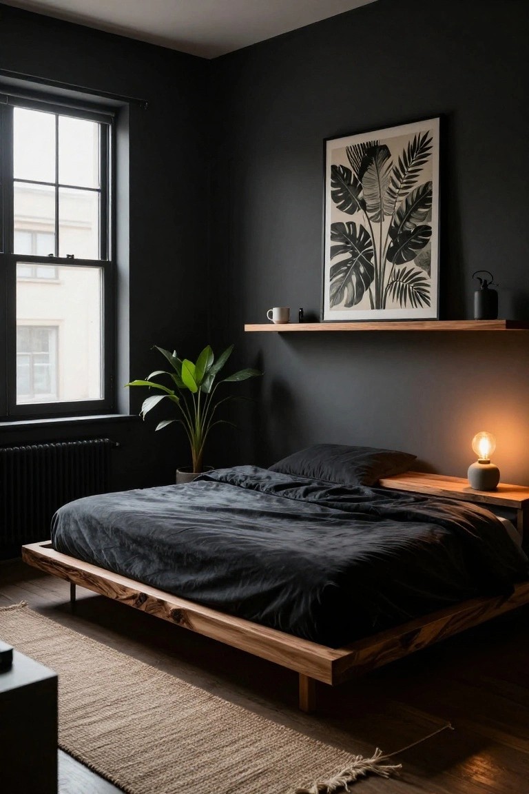 Bedroom interior with dark gray walls, low wooden platform bed draped in black bedding, potted green plant near window, leaf print artwork on wooden shelf, bedside lamp glowing warmly, and seagrass rug on hardwood floor.