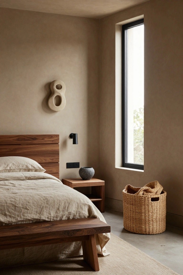 Bedroom with beige textured plaster walls, wooden bed frame and headboard with white linen bedding and pillows, wooden nightstand holding a stone vase, black wall light, rattan basket with linens, large dark-framed window, and white ceramic wall sculpture.