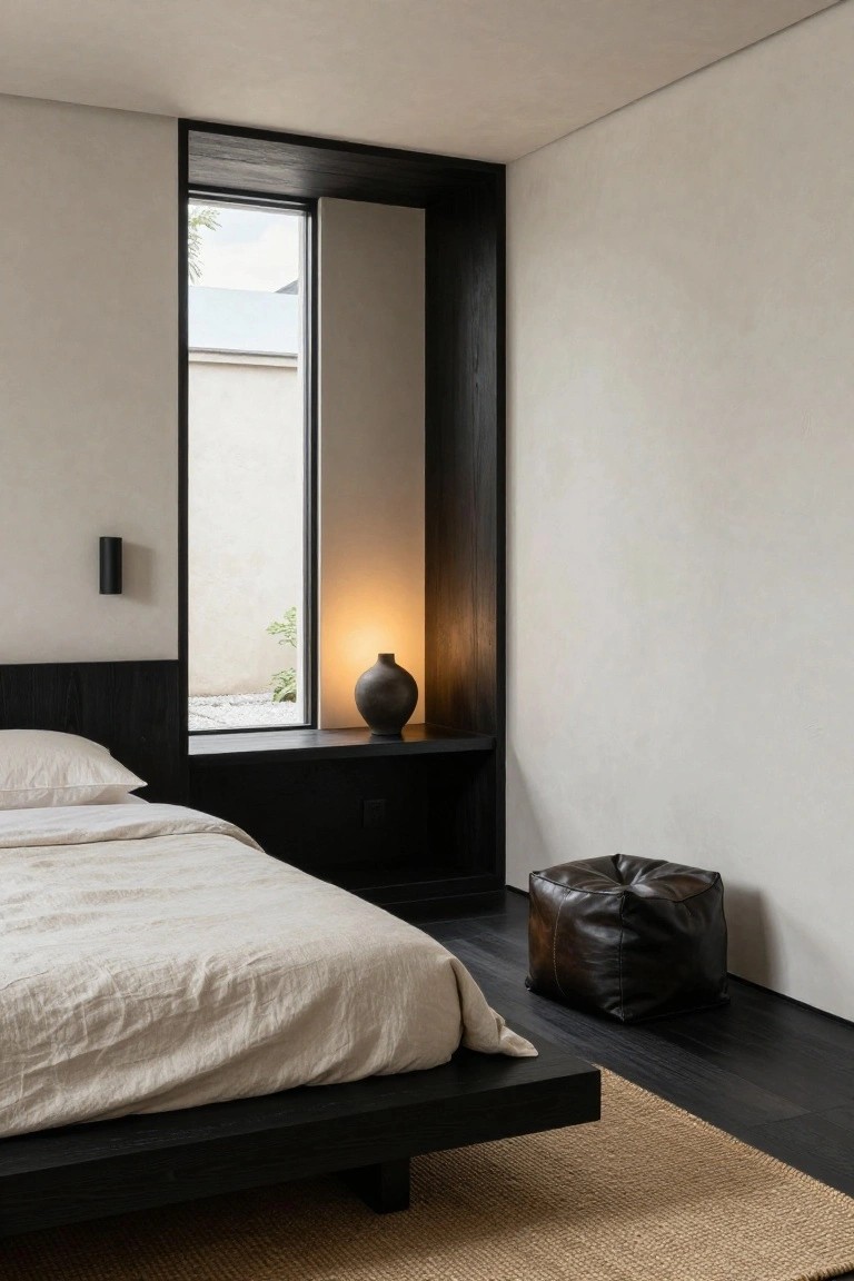 Minimalist bedroom with dark wood bed, recessed window, leather pouf, and warm lighting.