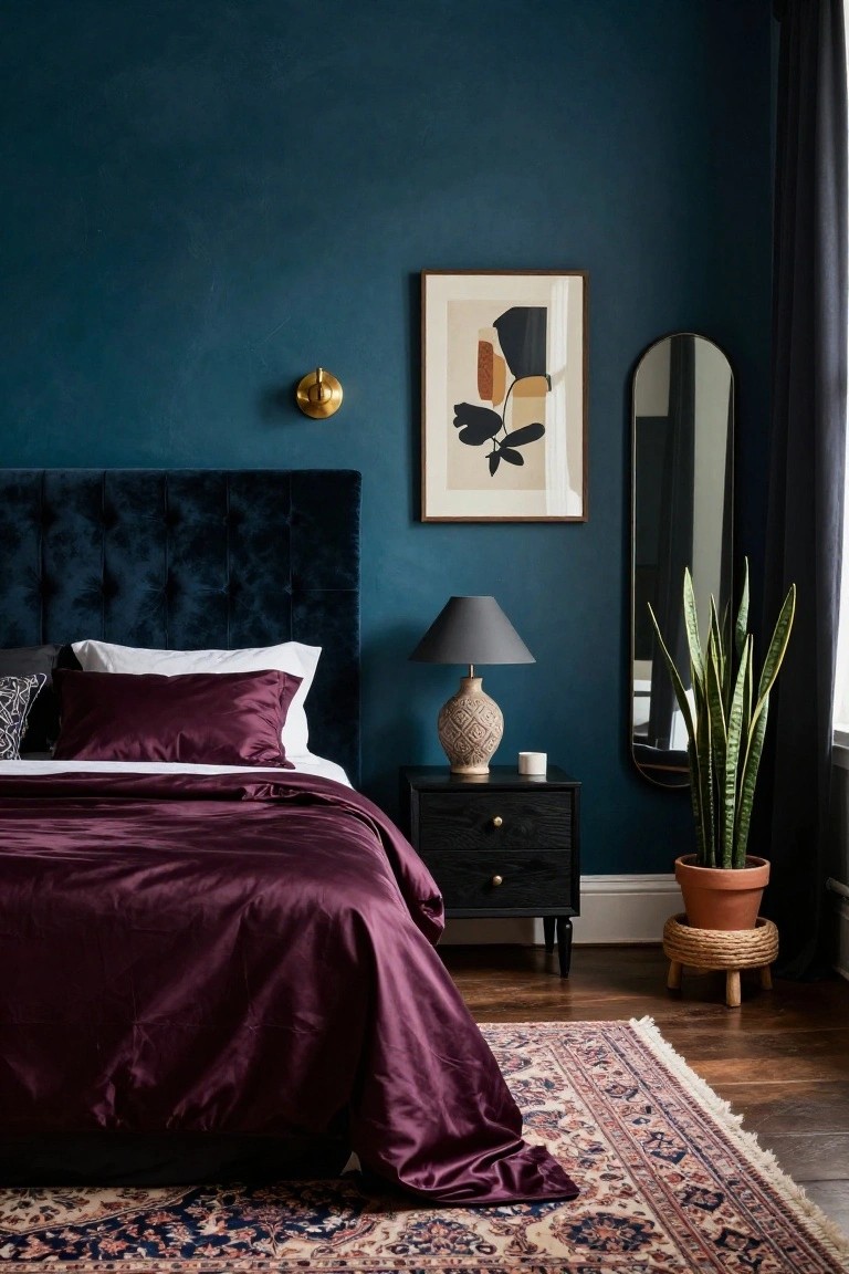 Bedroom interior with deep teal walls, navy velvet tufted headboard, purple satin duvet and sheets on a bed, black wood nightstand with ceramic lamp, arched mirror, abstract wall art, potted snake plant, and Persian rug on wood floor.