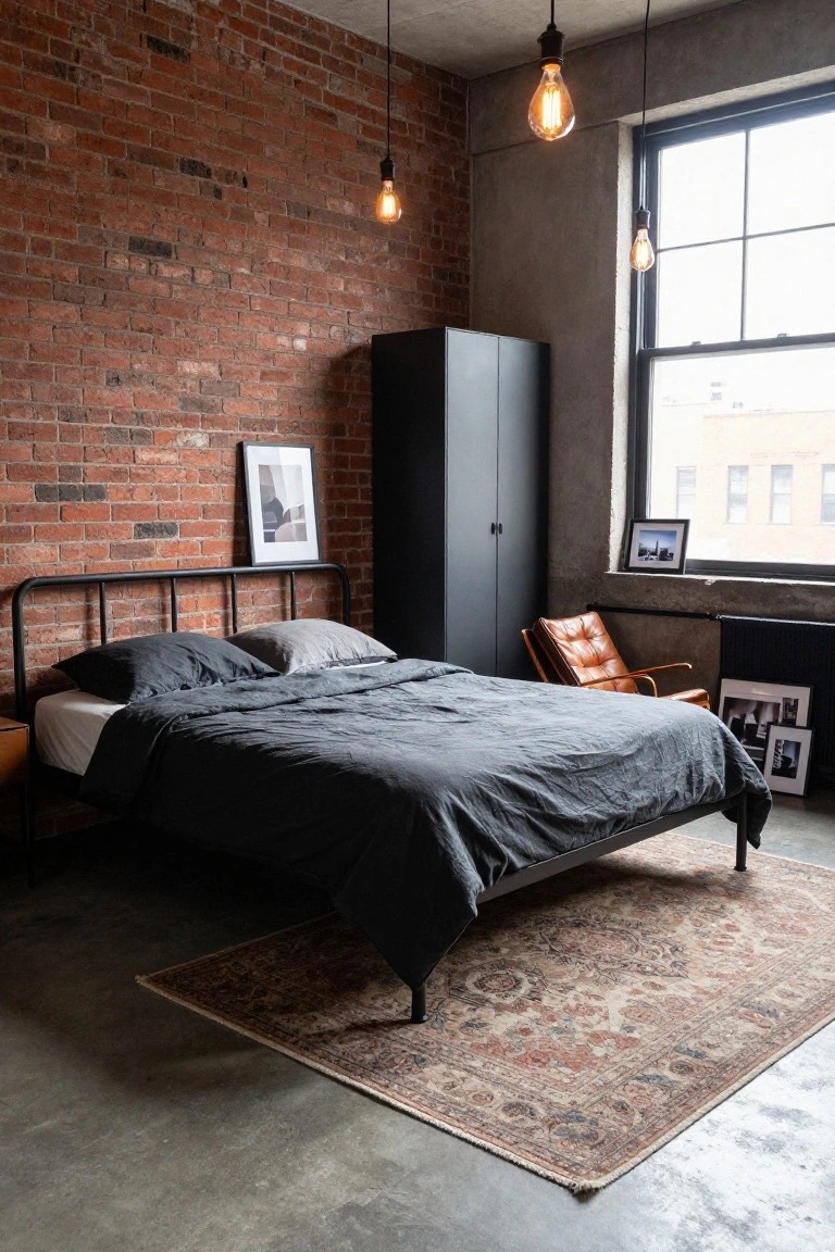 A bedroom with exposed red brick walls, black metal bed frame with gray linens and pillows, tall black wardrobe, orange leather armchair, black radiator, pendant Edison bulb lights, and large window overlooking city buildings on a concrete floor with Persian rug.