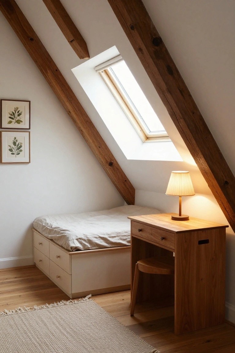 Small attic bedroom with sloped white walls, exposed dark wooden beams and rafters, platform bed with drawers, wooden desk and stool with lamp, skylight, and neutral rug on wood floor.