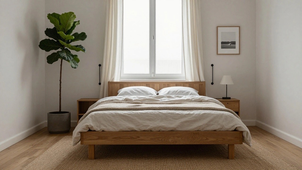 A minimalist bedroom with a low oak wood platform bed covered in white linens, wooden nightstands, a tall fiddle leaf fig plant, black wall lamps, a framed landscape print, and sheer white curtains on large windows over a seagrass rug.
