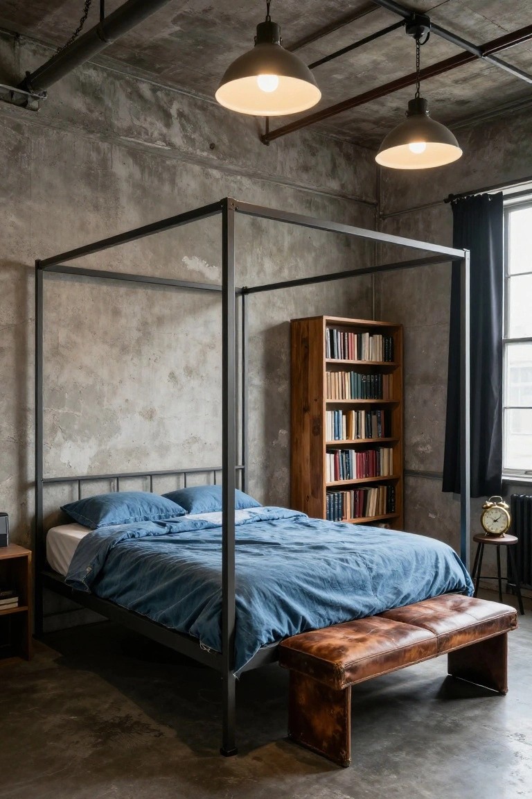 Bedroom with black metal canopy bed frame, blue duvet and pillows, wooden bookshelf filled with books, brown leather bench, small side tables, clock on radiator, exposed concrete walls, black curtains on window, and hanging pendant lights from ceiling pipes.