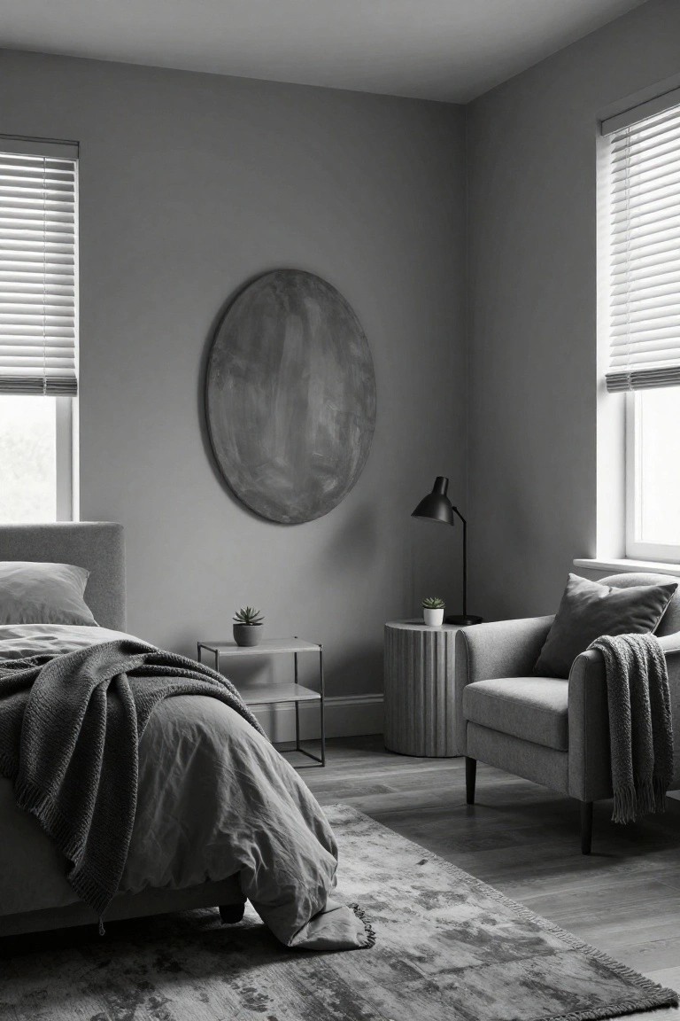 Grayscale photo of a bedroom corner showing a gray upholstered bed with rumpled linens and knit throw, a gray armchair with pillows and blanket, side tables with potted succulents, a large round textured wall mirror, a black desk lamp, and blinds on two windows over hardwood floors.