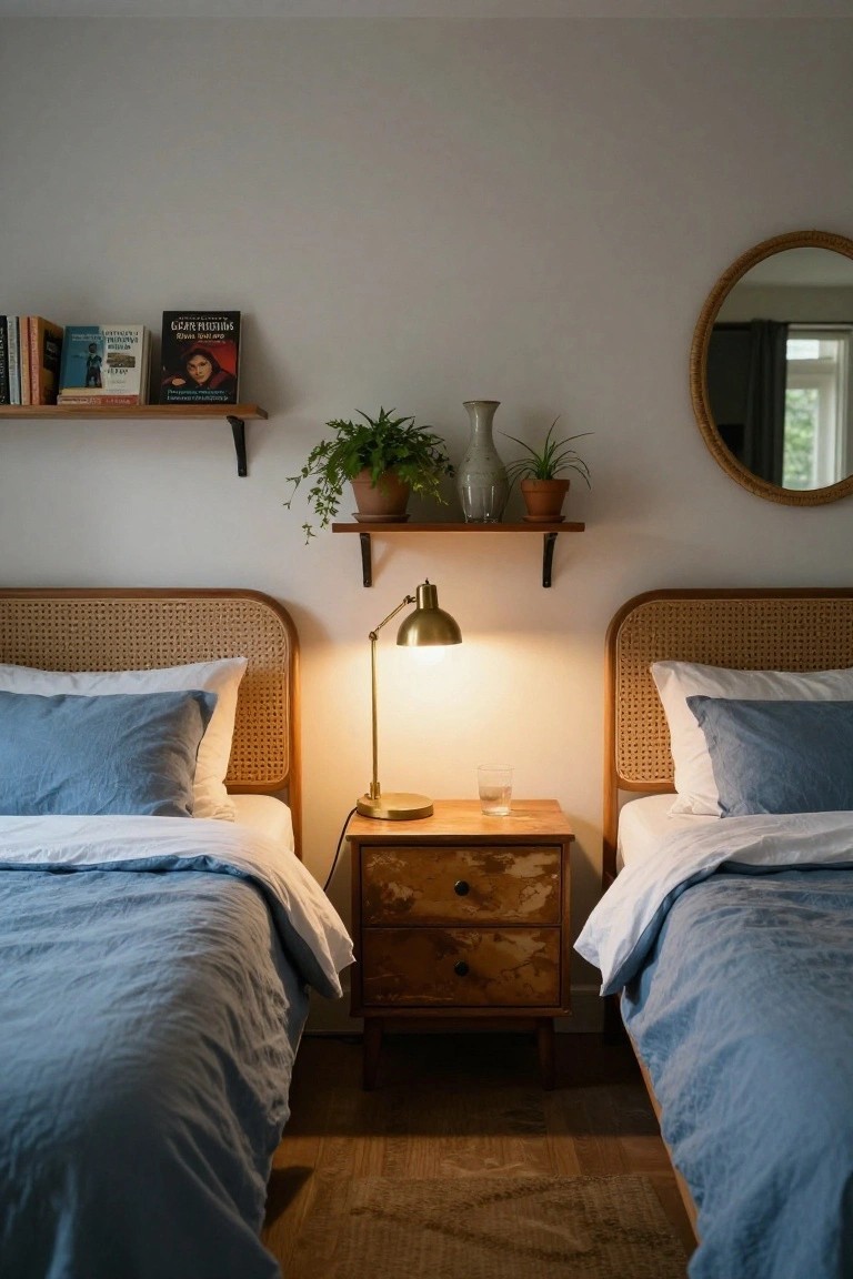 Two twin beds with rattan headboards in a white-walled bedroom, featuring a wooden nightstand with gold lamp and glass of water, plants and books on floating shelves, round mirror, and blue bedding on hardwood floors.