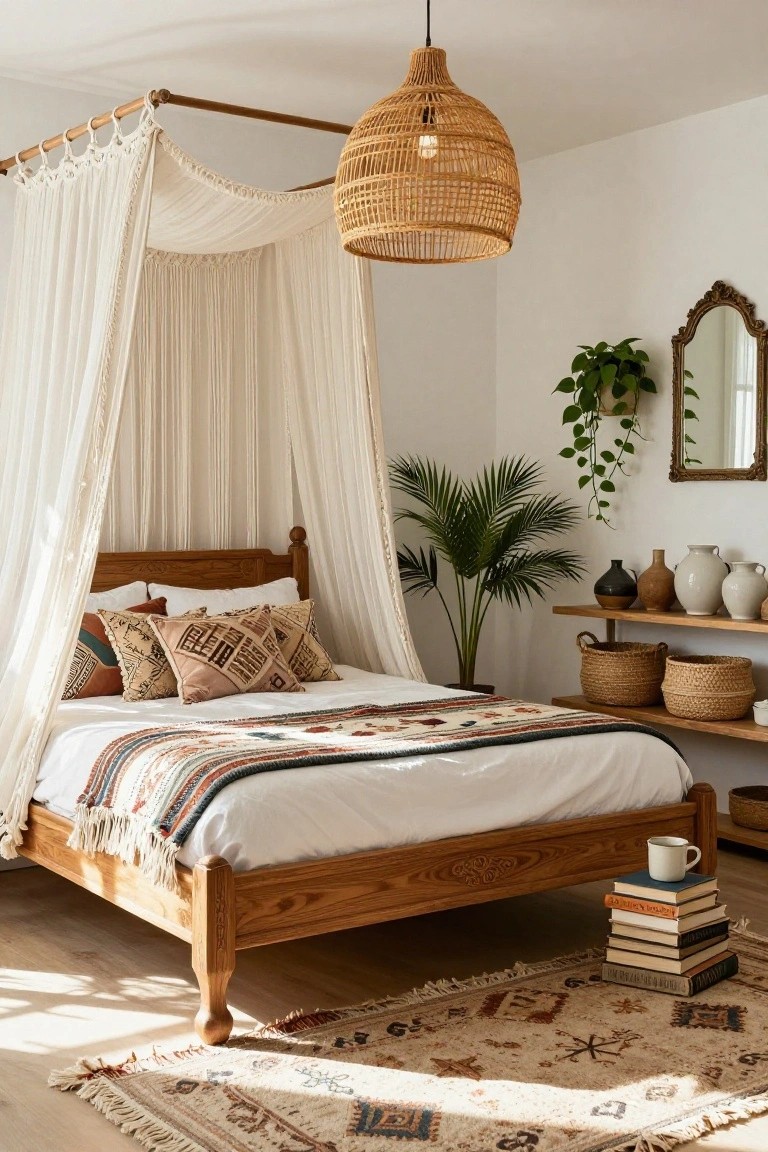 Wooden canopy bed with sheer white draped curtains, colorful patterned pillows and throw, potted plants, shelves holding pottery and woven baskets, rattan pendant light, and patterned rug in a light-filled bedroom.